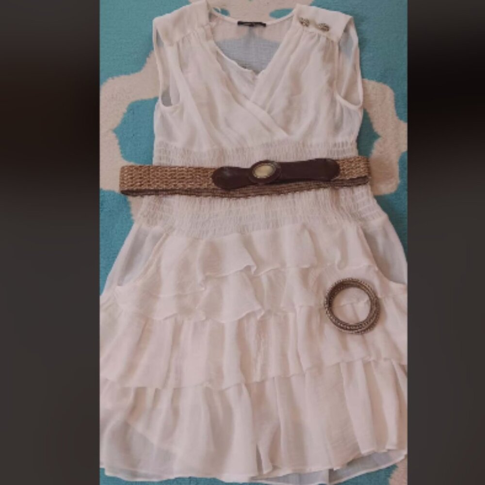 Nanette Lepore summer White tiered ruffle wrap dress liner pockets size 10-12